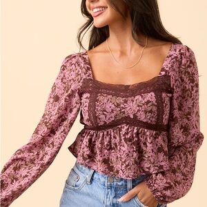Pink Lily Floral Blouse in Pink and Brown